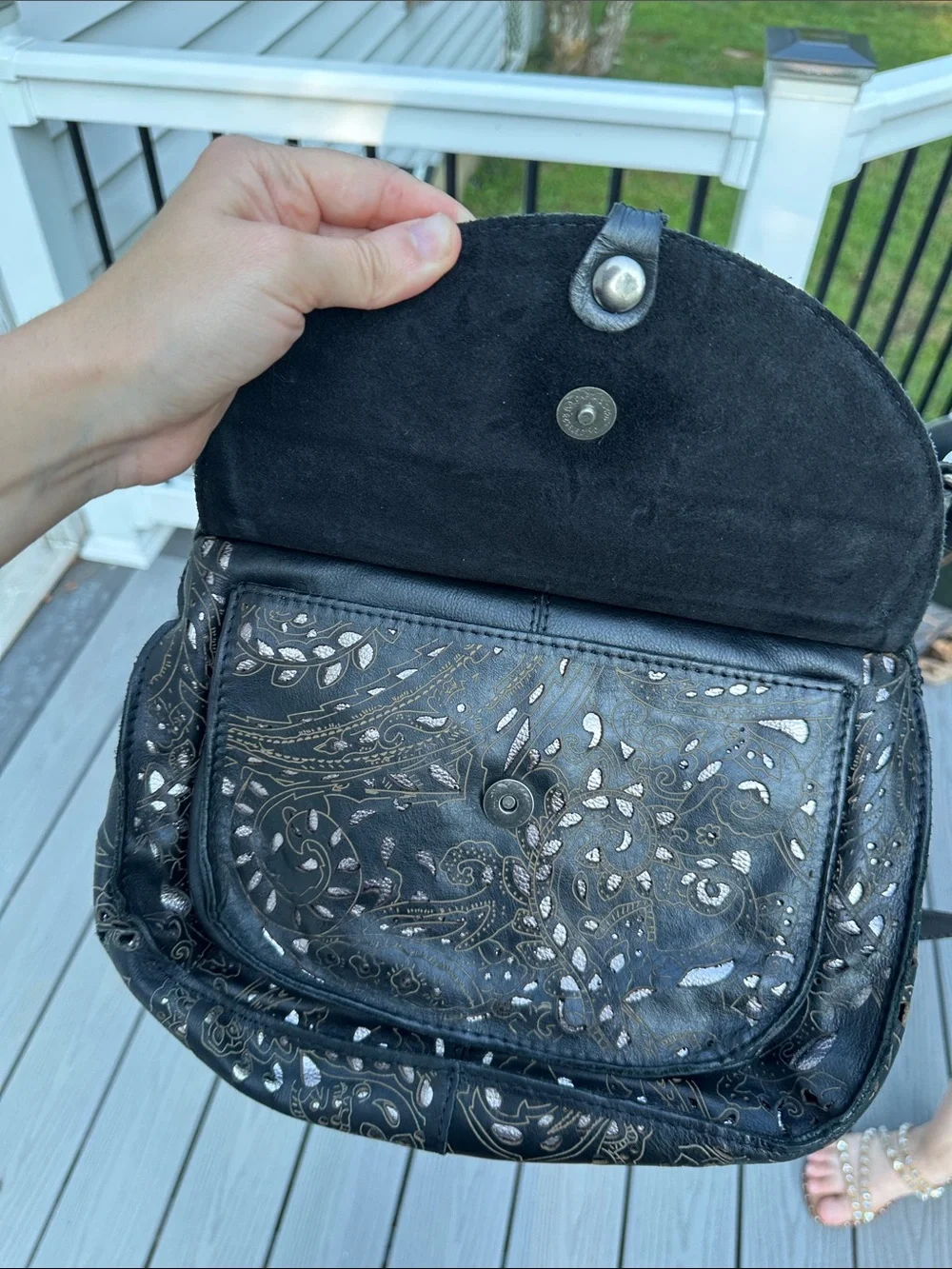 Patricia Nash Black Floral Cutout Crossbody with Tassel Accent